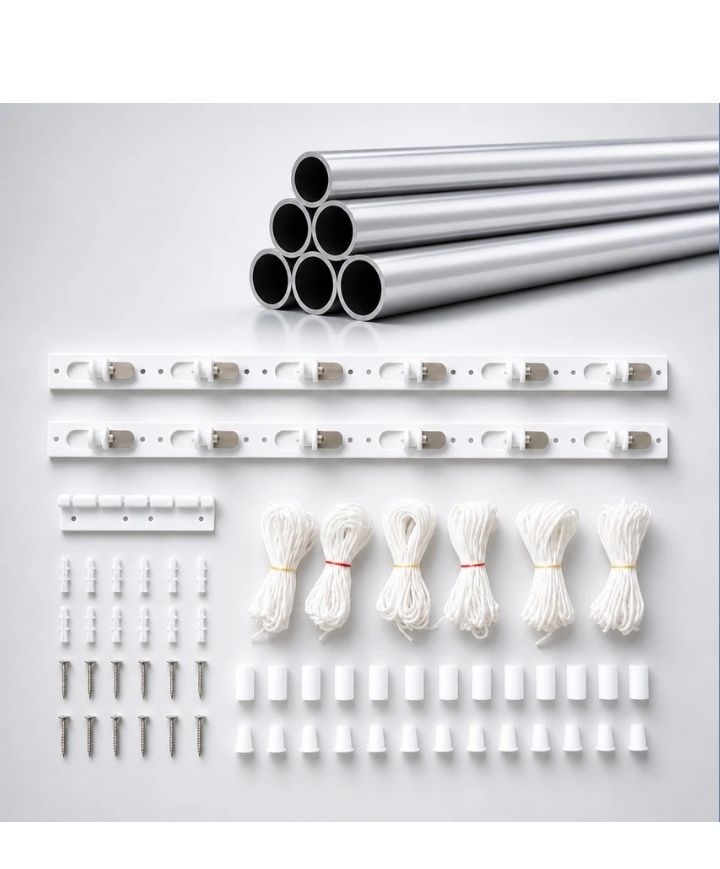 Cloth drying hanger kit: aluminium pipes, two ceiling brackets with pulleys, ropes, screws and wall plugs