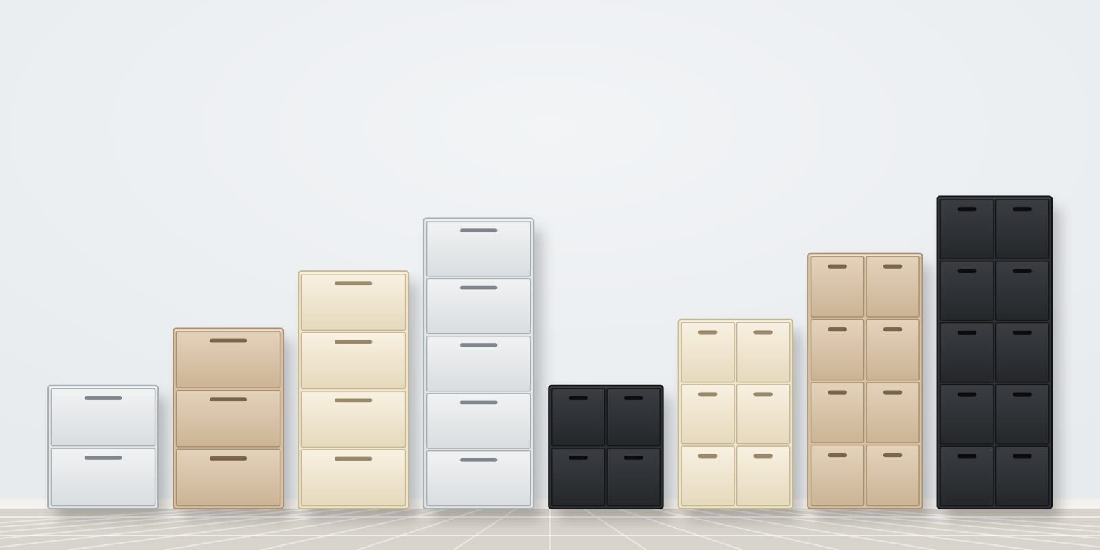 Illustration of single and double decker metal shoe racks lined up by height in grey white, coffee white, ivory and black