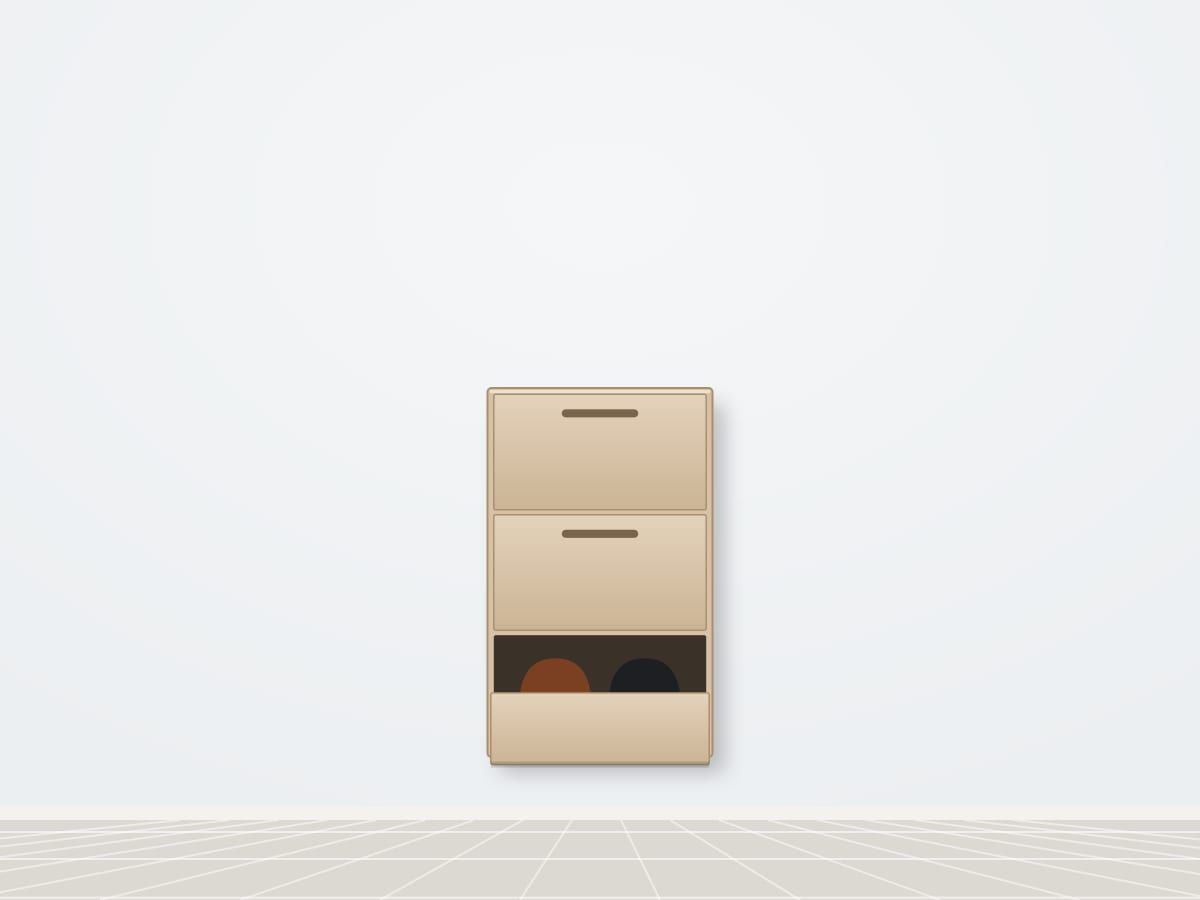 Illustration of the Single decker, 3 step wall-mounted metal shoe rack in grey white