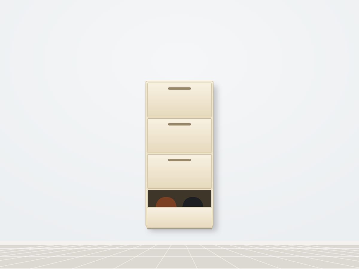 Illustration of the Single decker, 4 step wall-mounted metal shoe rack in grey white